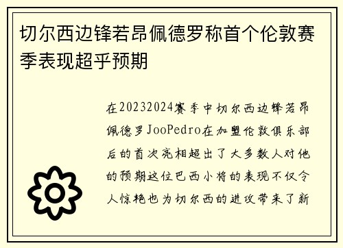 切尔西边锋若昂佩德罗称首个伦敦赛季表现超乎预期