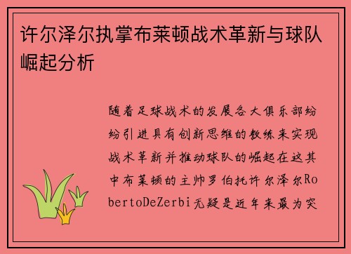 许尔泽尔执掌布莱顿战术革新与球队崛起分析 许尔泽尔执掌布莱顿战术革新与球队崛起分析