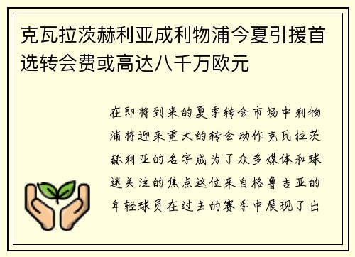 克瓦拉茨赫利亚成利物浦今夏引援首选转会费或高达八千万欧元